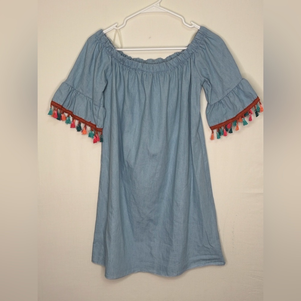 See You Monday Off Shoulder Chambray Tassel Sleeves women’s Dress Size M(E20)✨